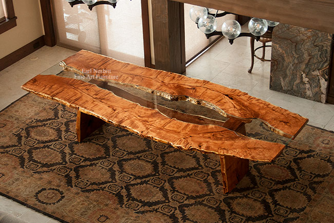 custom made slab dining table from above showing mesquite slabs
